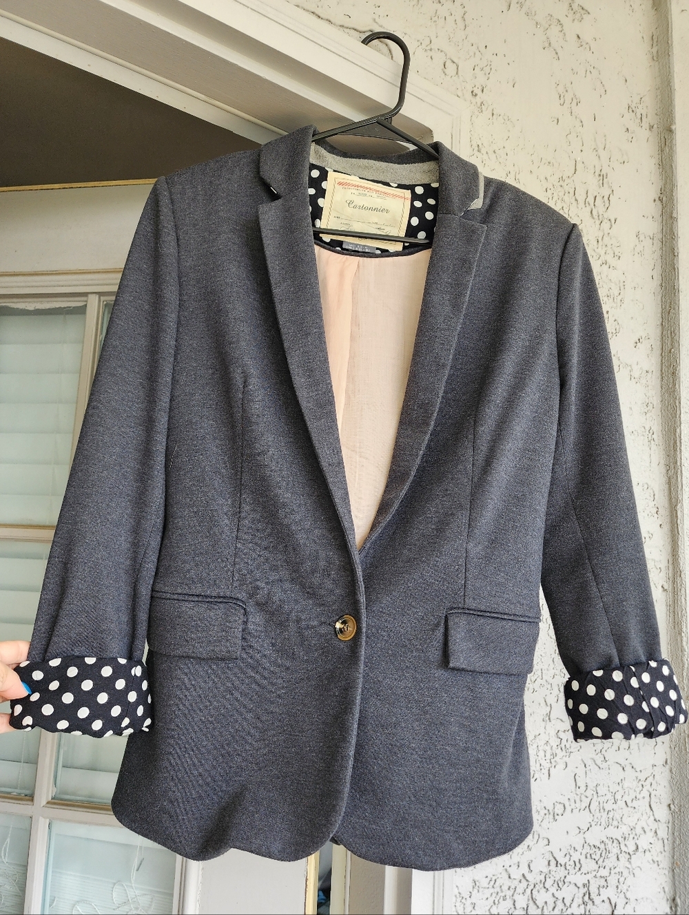 Cartonnier Gray Blazer with Polka Dot Cuff Trim Sz M B12